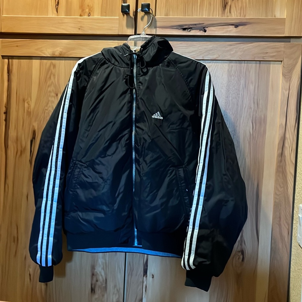 Adidas slicker, reversible, embroidered, black and gray ski jacket